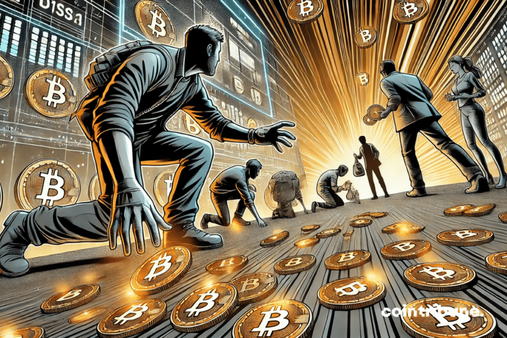 Des personnes ramassant des pièces de Bitcoin dispersées sur le sol, dans une scène dynamique avec des lumières dorées symbolisant la valeur du Bitcoin.