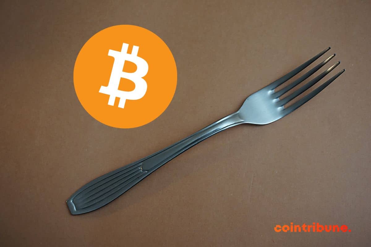 Fork with Bitcoin logo on brown background