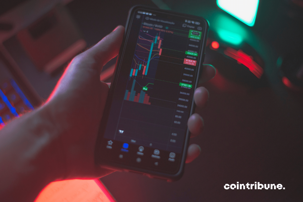 A trader viewing his charts on his phone