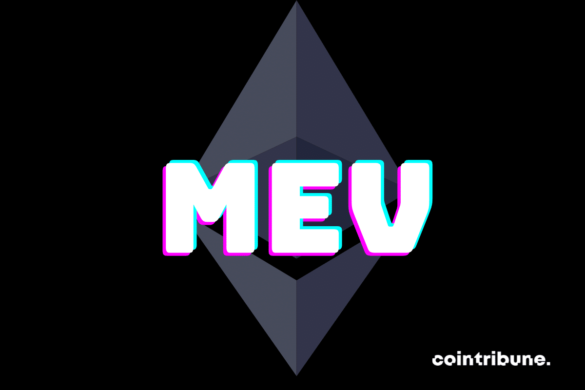 The word "MEV" with the Ethereum blockchain logo in the background.