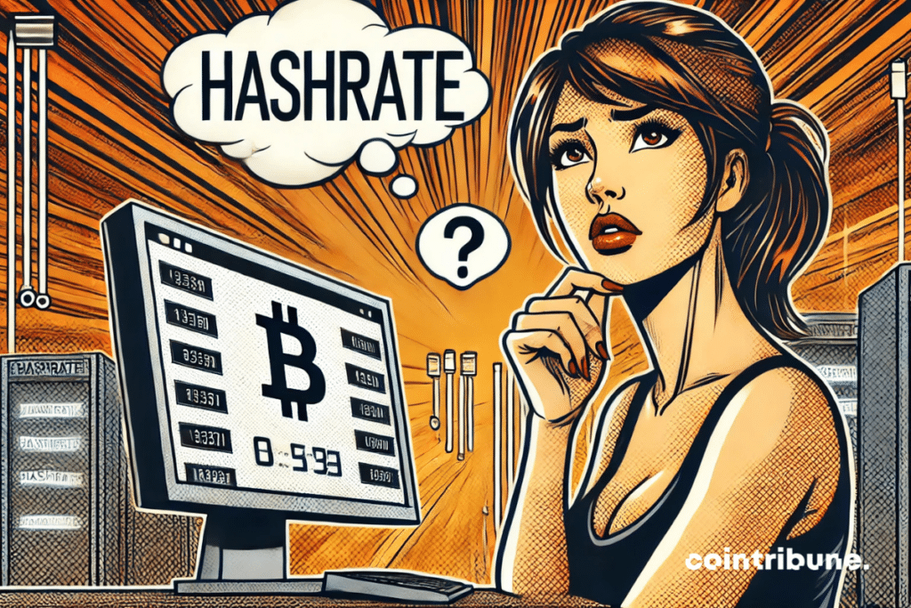 A pensive woman in front of a screen displaying a Bitcoin symbol and data, with a thought bubble reading “Hashrate” and a question mark.