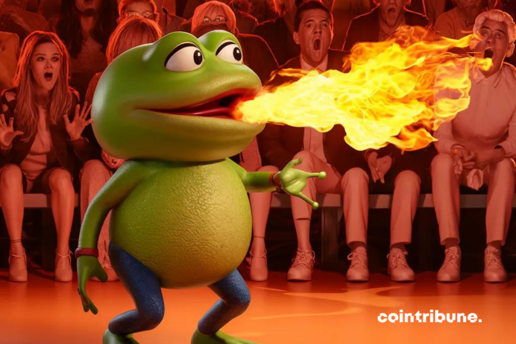 Grenouille inspirée du mème PEPE crachant du feu