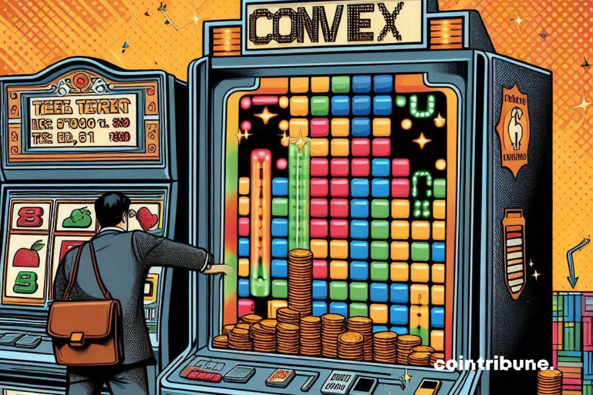 An investor's winnings in front of a slot machine marked "Convex".