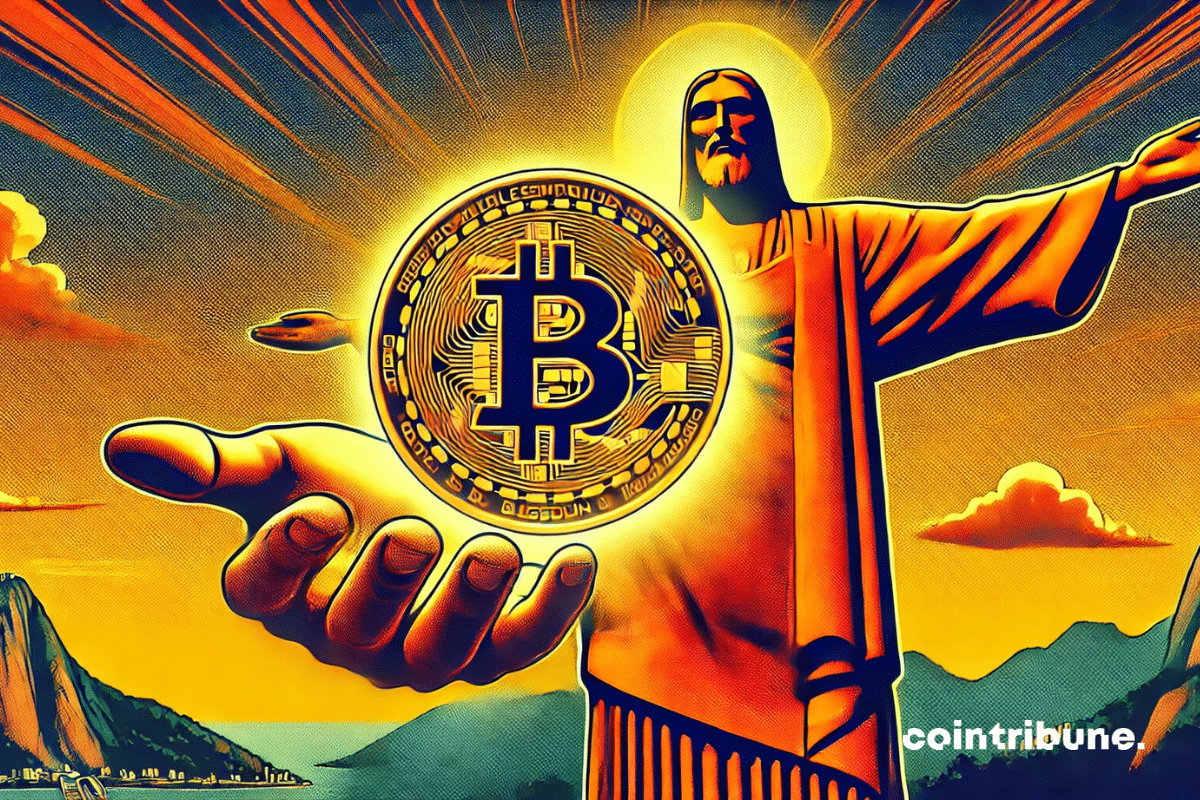 Le Christ Rédempteur tenant une pièce de Bitcoin géante, comme un symbole de présentation au monde.