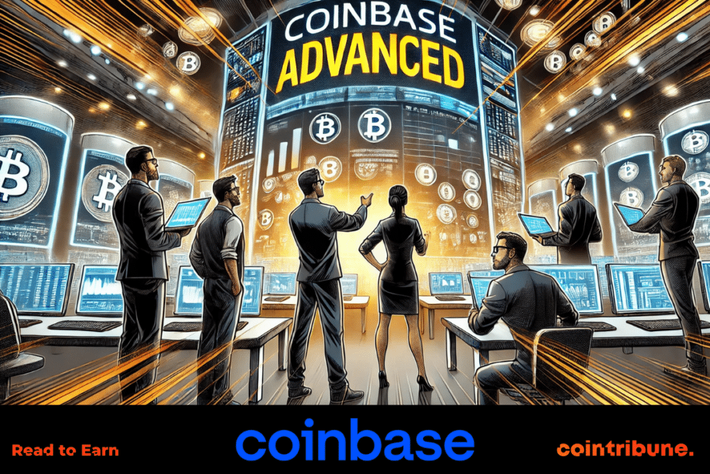 people in suits displaying the benefits and fees of Coinbase Advanced for traders on a giant screen