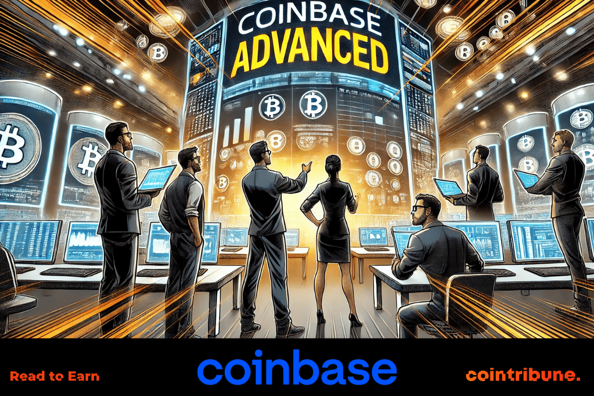 people in suits displaying the benefits and fees of Coinbase Advanced for traders on a giant screen