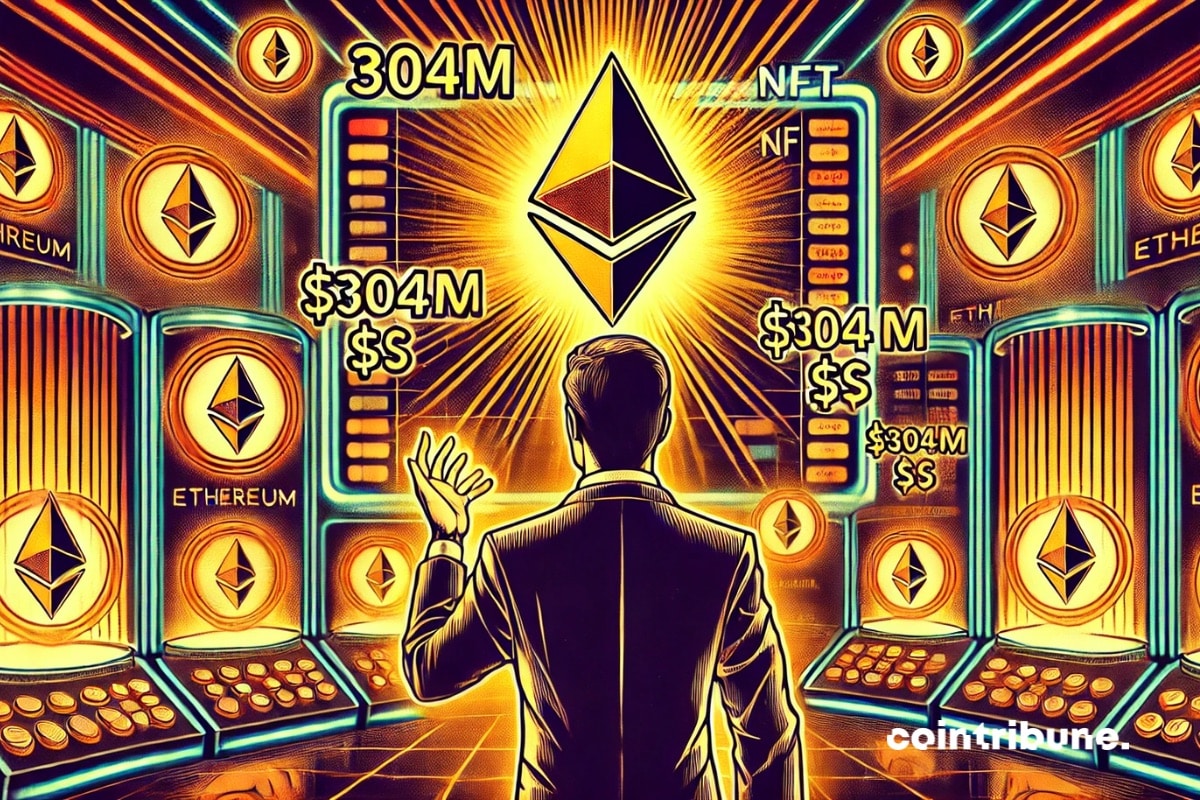 A trader in a futuristic trading room with floating Ethereum NFTs