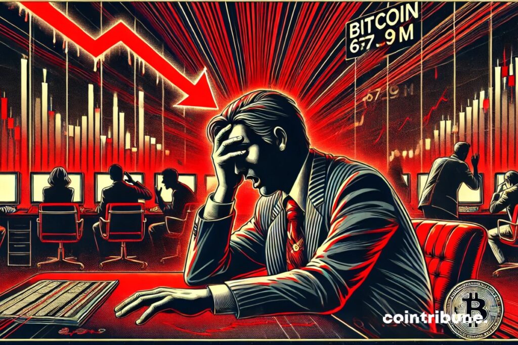 Un operador de bitcoin con la mano sobre la cara, al fondo caen gráficos rojos