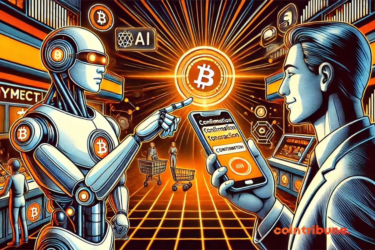 A payment scene in a futuristic marketplace with an AI robot performing a crypto transaction
