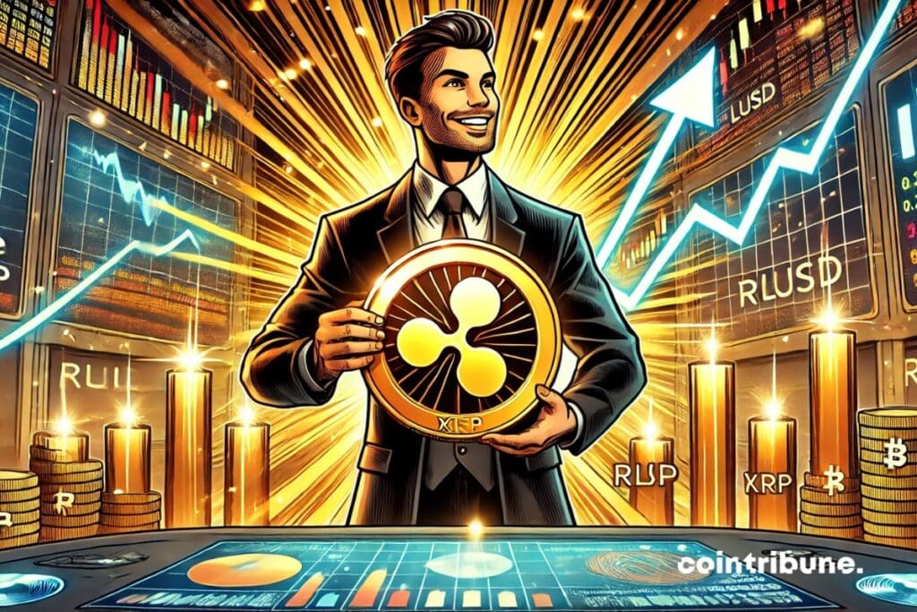 Un homme souriant et optimiste avec une grosse pièce de la crypto Ripple (XRP) en main