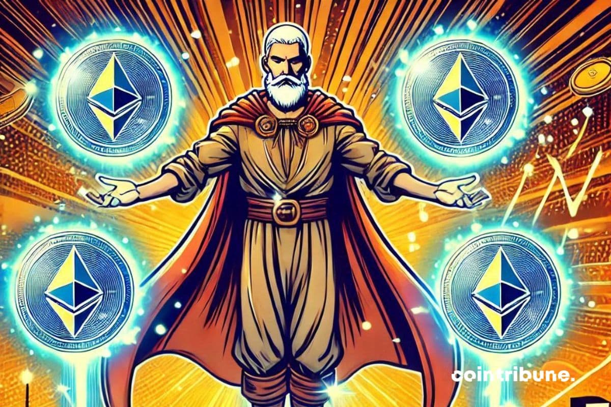 Un mago levitando rodeado de cuatro esferas luminosas, cada una de las cuales contiene una cripto Ethereum (ETH).