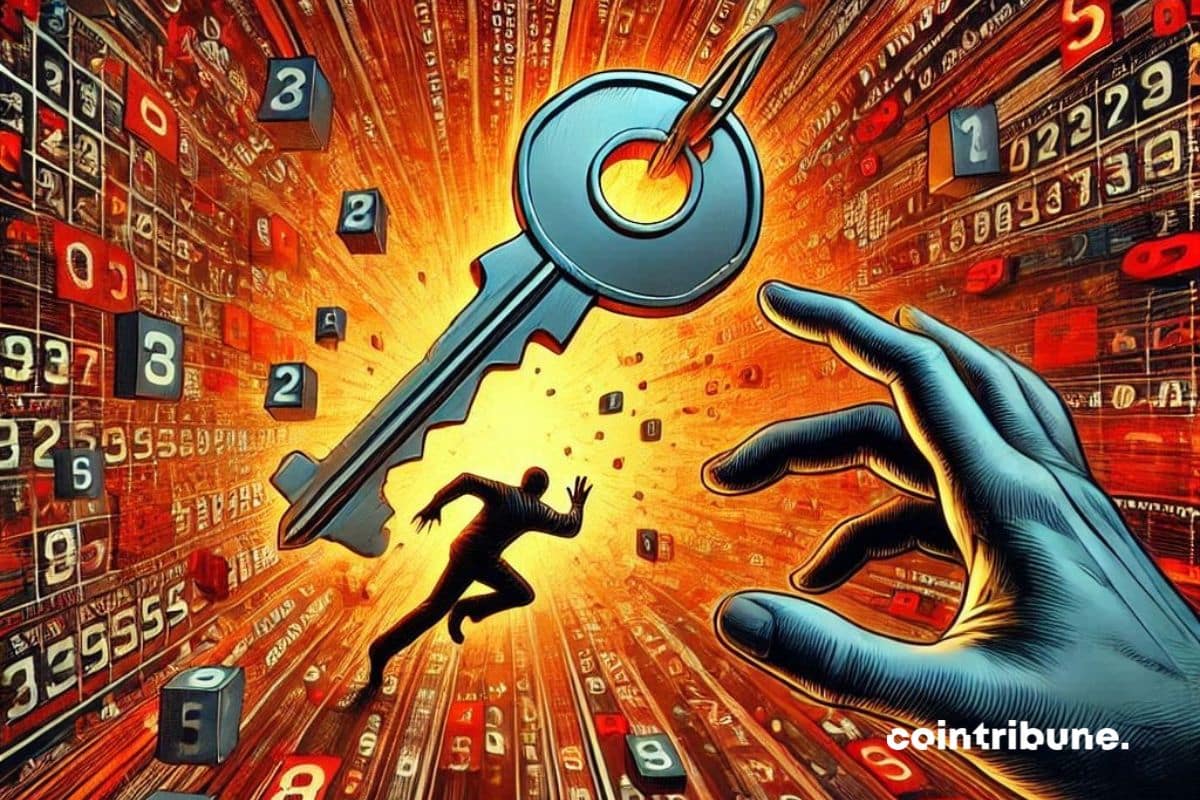 Una clave privada expuesta en un flujo de datos flotando en una matriz de números rojos y negros, representando los datos criptográficos comprometidos.