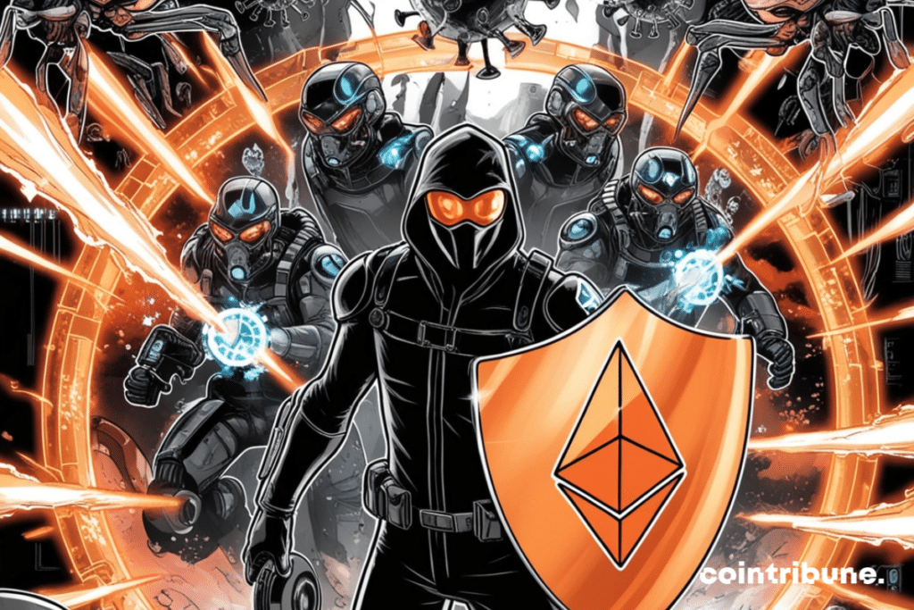 Apolyptic scene in which a hero emerges with an Ethereum shield.