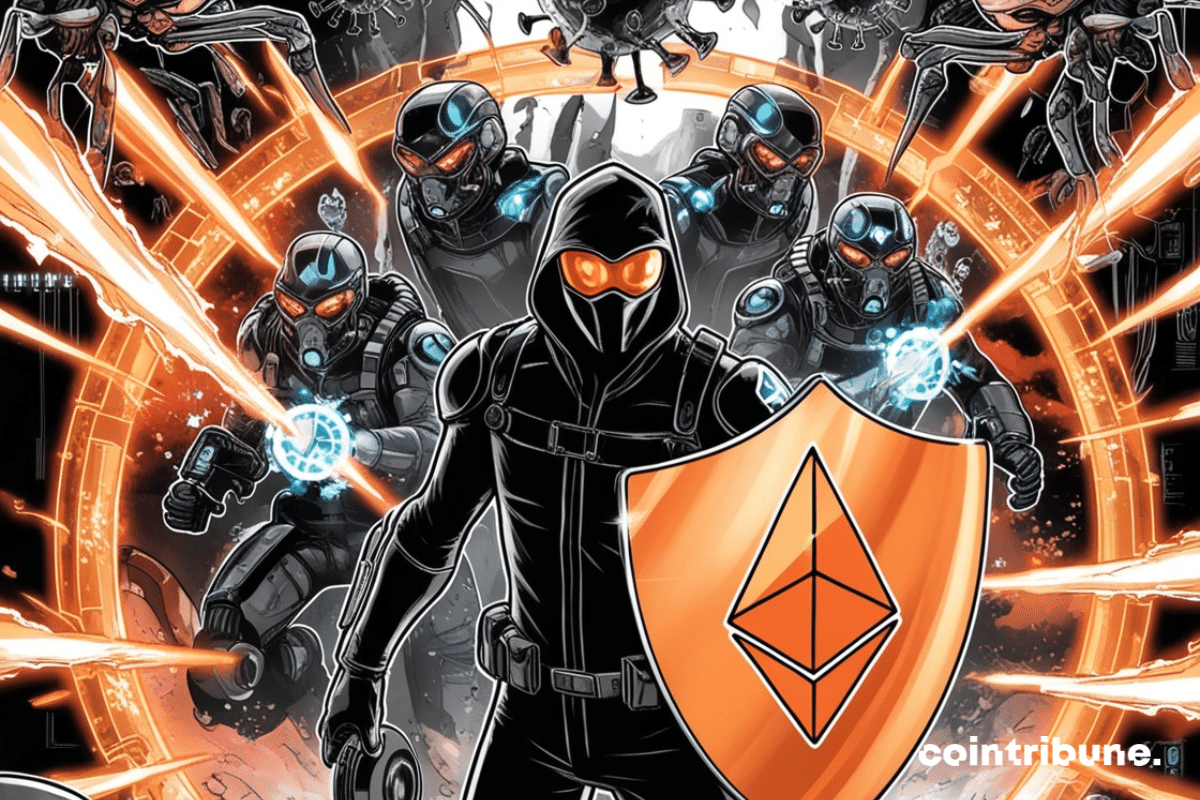 Apolyptic scene in which a hero emerges with an Ethereum shield.