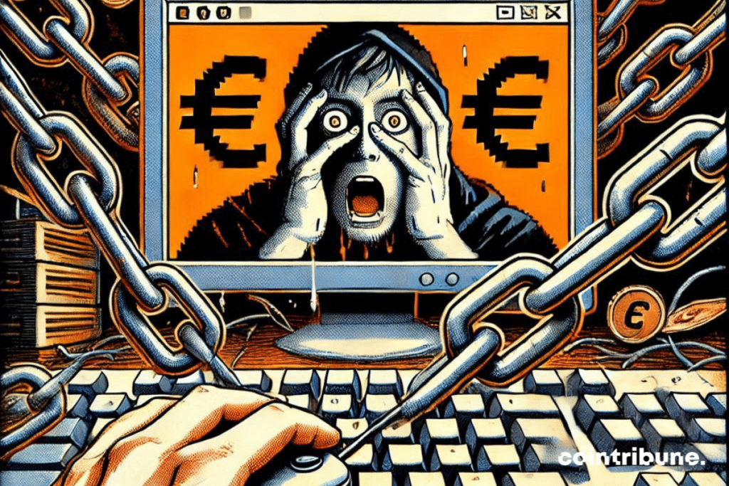 Frightened person on a computer screen