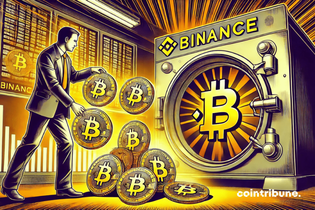 A crypto investor placing numerous Bitcoins in a giant vault featuring the Binance logo.