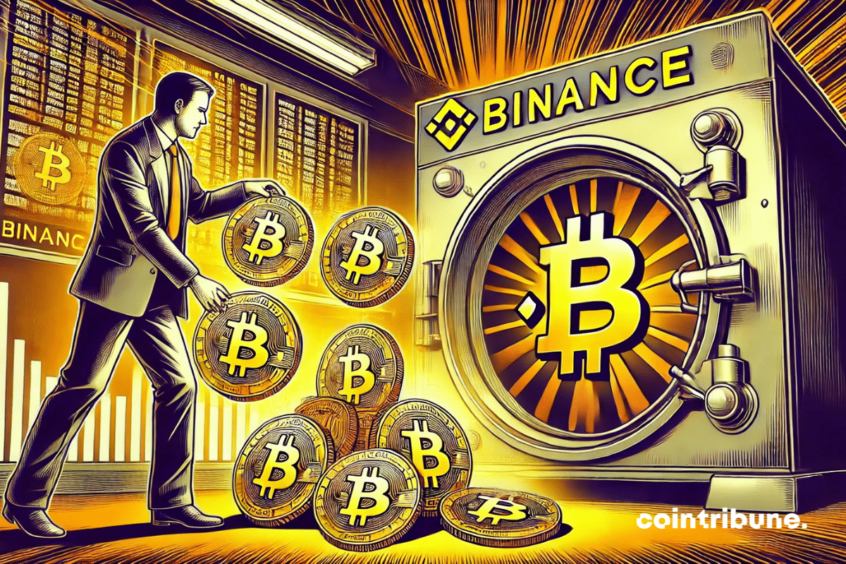 A crypto investor placing numerous Bitcoins in a giant vault featuring the Binance logo.