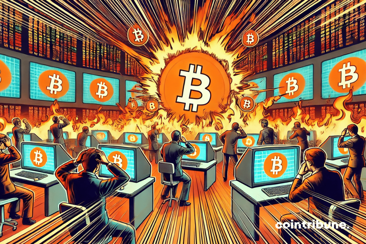 A virtual trading floor, panicked holographic traders in front of screens where the charts explode in bright orange.