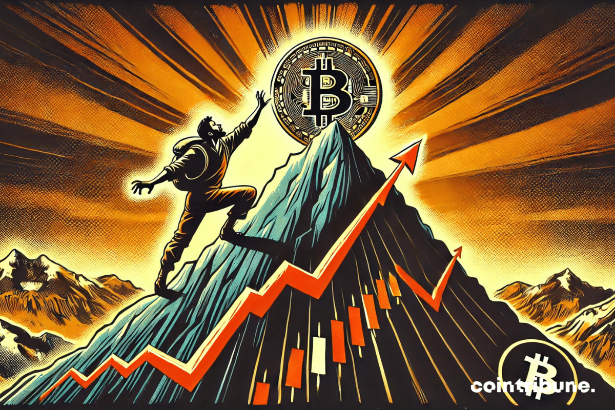 A stylized mountain with a curve chart, the Bitcoin coin at the summit.