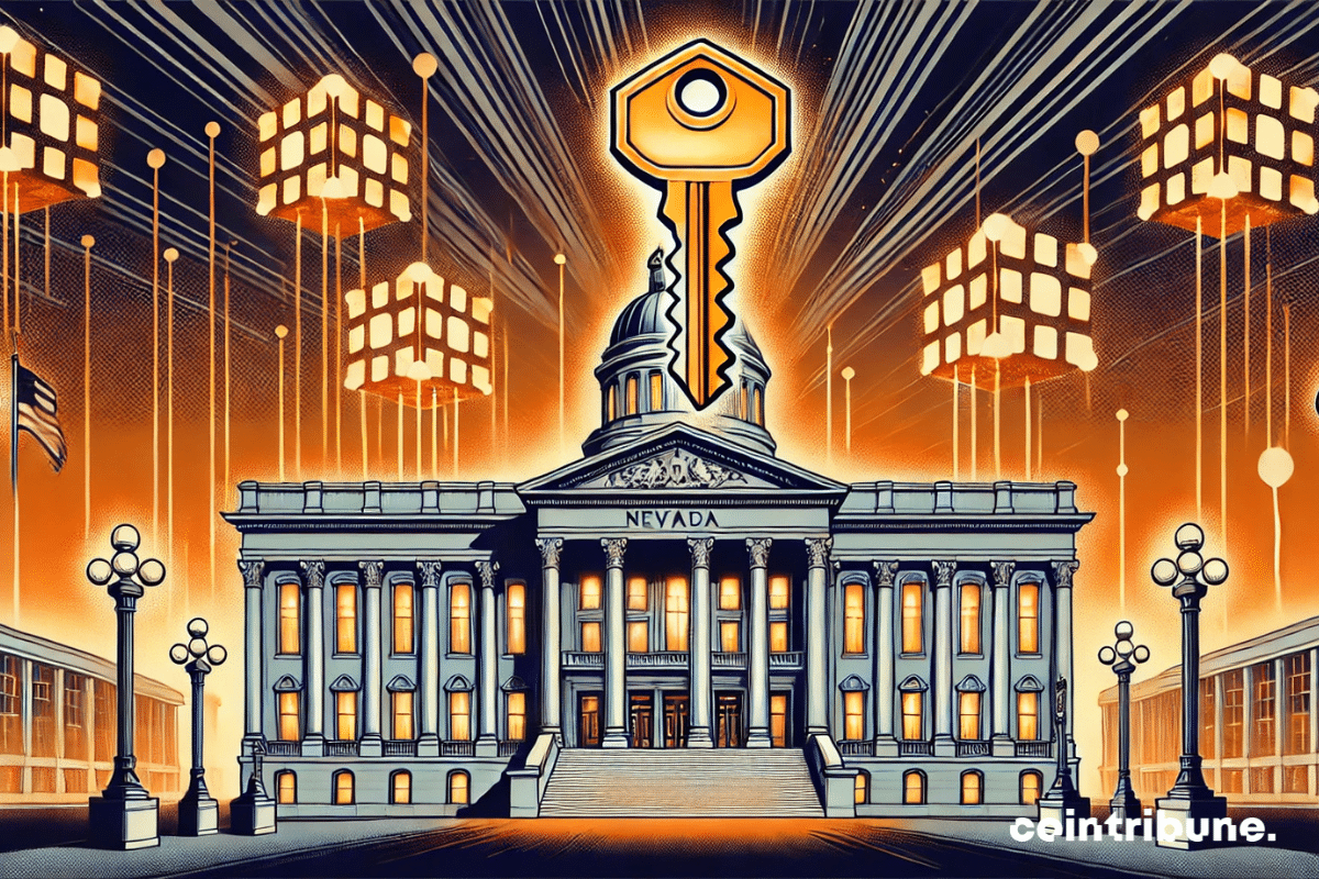 Un edificio gubernamental emblemático de Nevada, coronado por una inmensa llave digital holográfica que representa la seguridad de la blockchain.
