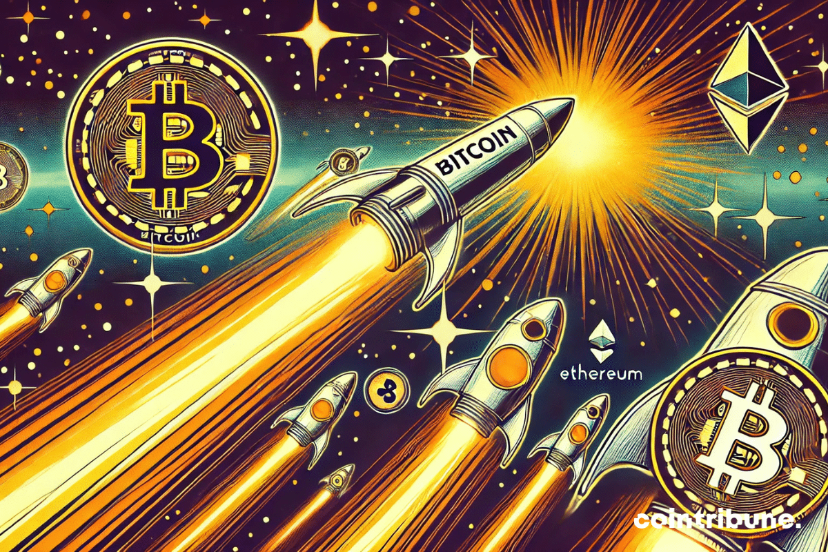 A scene where Bitcoin is a large spaceship leading the way, followed by smaller ships representing altcoins and other cryptocurrencies, all ascending along an upward trajectory in a stylized space.