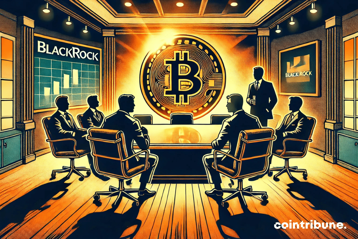 A luxurious meeting room with silhouettes of financial executives discussing, a large Bitcoin piece casts an orange light on the table.
