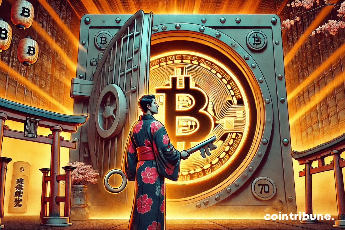 A scene of a giant vault with a Bitcoin symbol embedded on the door.