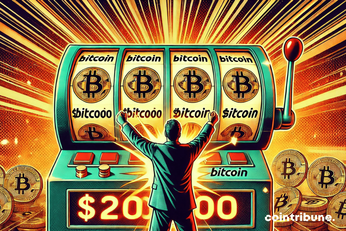 Una máquina tragamonedas mostrando un premio mayor de 200,000 $ en Bitcoin, con un inversor celebrando eufóricamente.