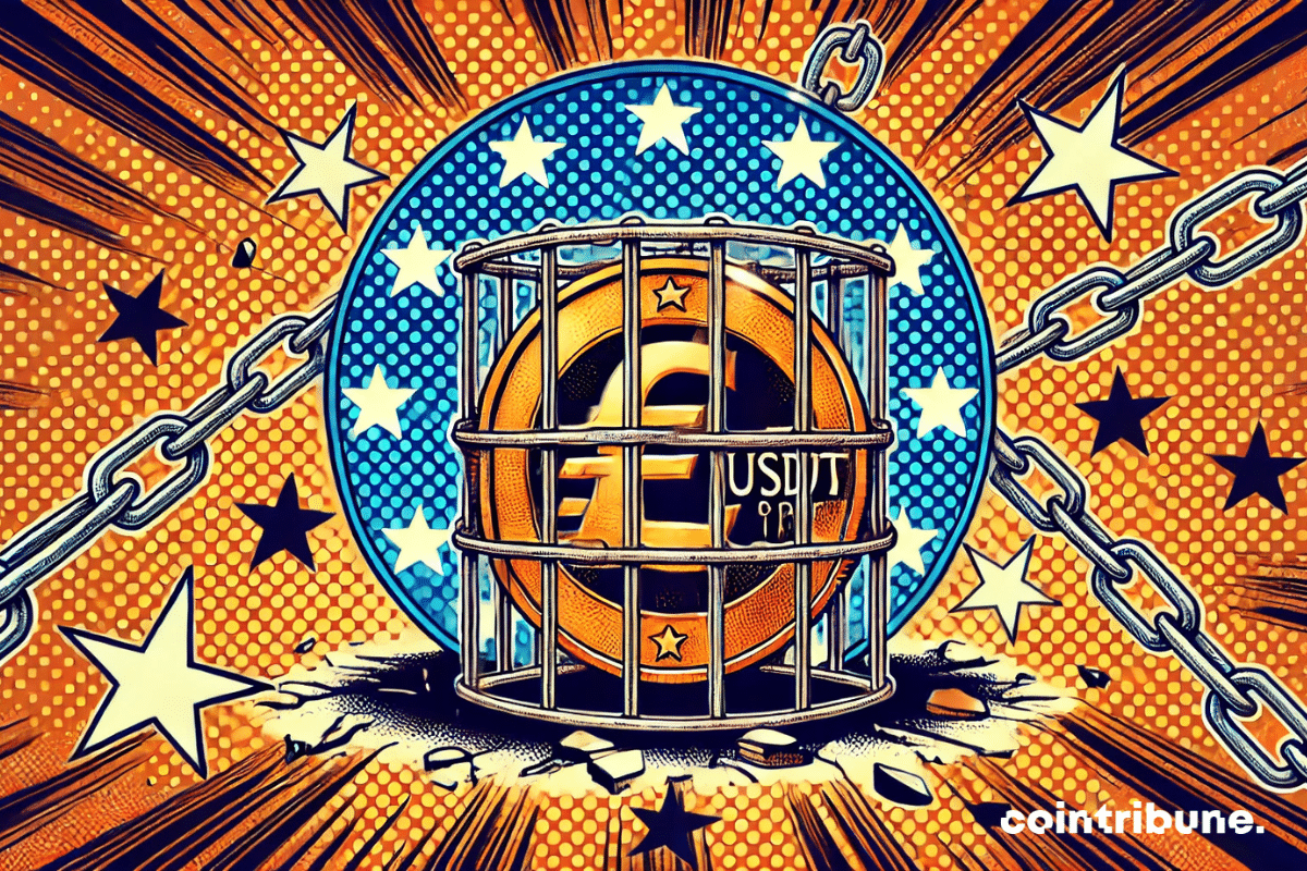 A giant USDT coin at the center, surrounded by chains or bars forming a cage. In the background, stars from the European flag arranged in a fractured pattern.