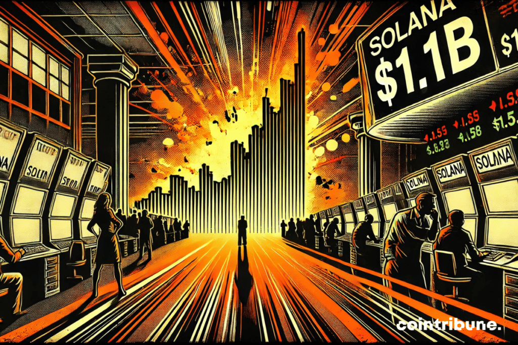 A stylized digital exchange in a dark environment, with beams of light highlighting a screen displaying a falling chart.