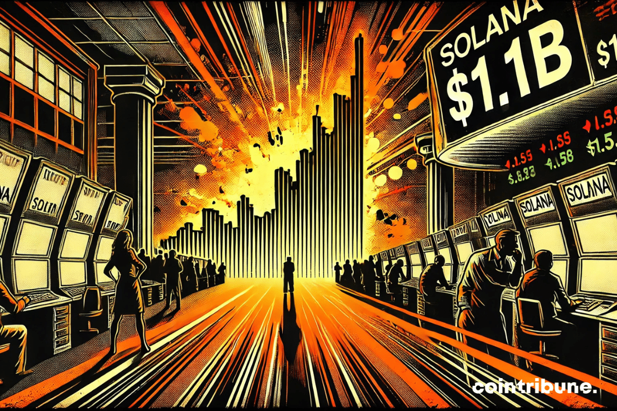 A stylized digital exchange in a dark environment, with beams of light highlighting a screen displaying a falling chart.
