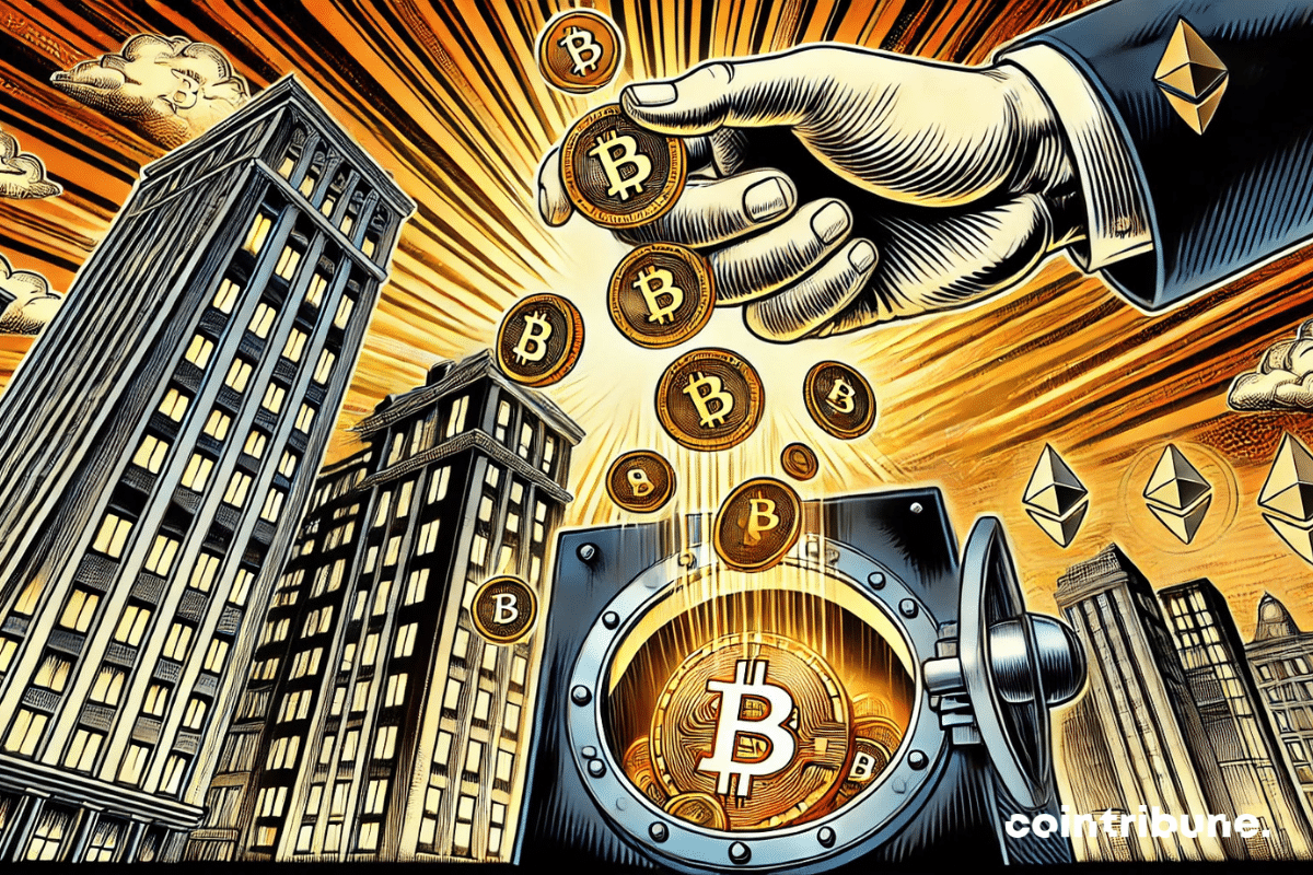 A wide shot showing a giant hand (institutional symbol) pouring cryptocurrency coins into an open safe. In the background, skyscrapers and a dramatic sky.