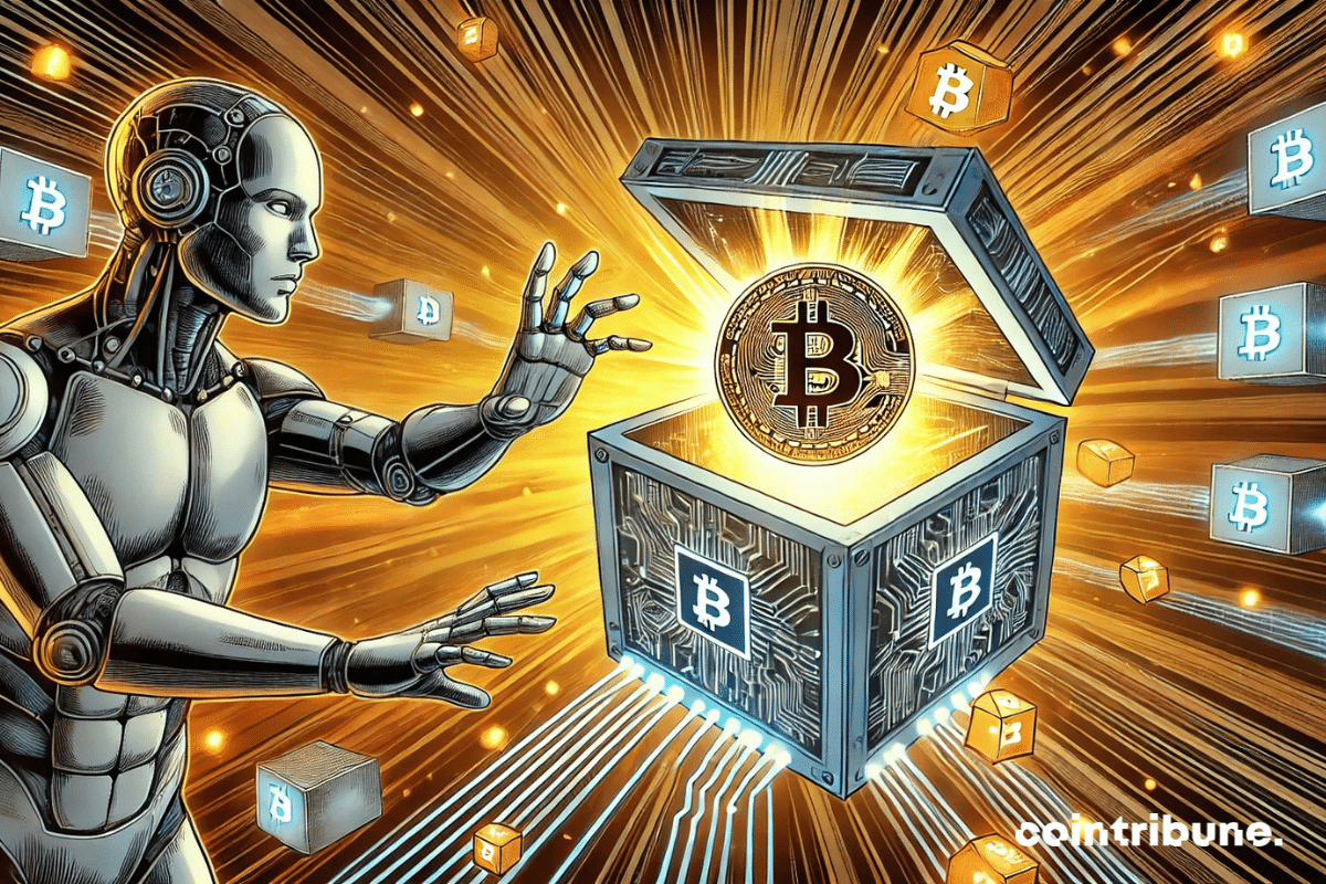 A luminous blockchain traverses the image. A stylized humanoid robot reaching out to an open digital chest.