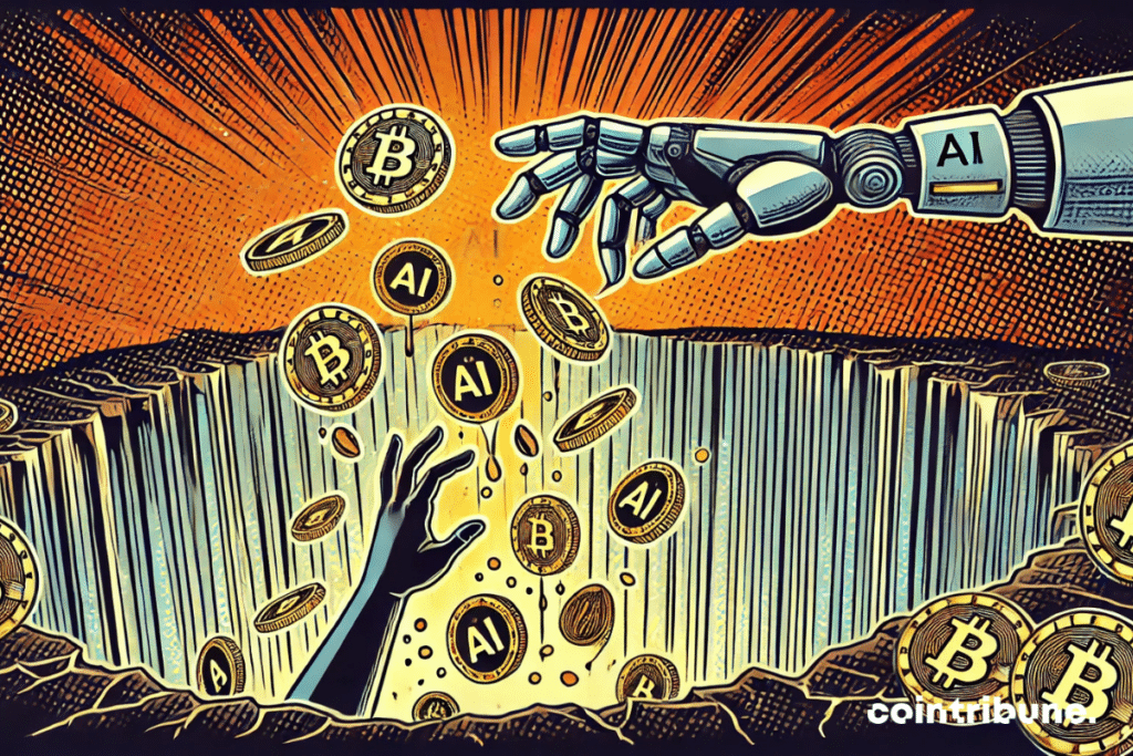 A digital cascade where AI tokens fall into a dark abyss, illuminated by orange glows.