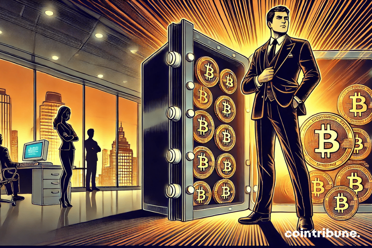 Una caja fuerte de alta tecnología, lujosa, rebosante de monedas de Bitcoin. El ángulo es ligeramente en contrapicado, reforzando el efecto imponente y la abundancia de las reservas. La caja fuerte está iluminada por una luz cálida, anaranjada, que resalta las monedas y su brillo.