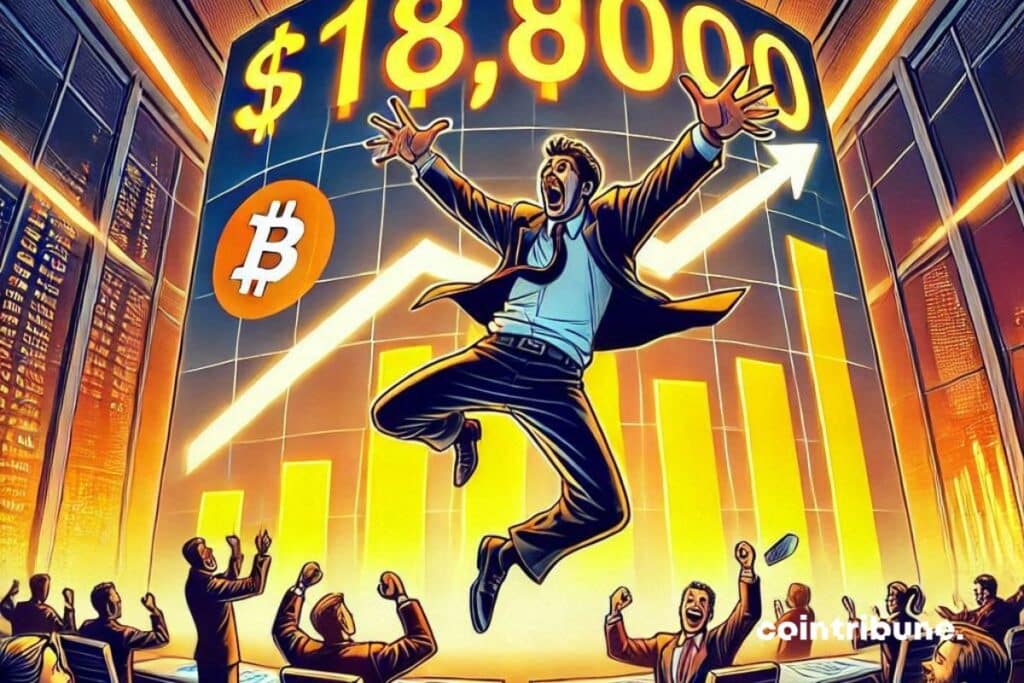 Un eufórico operador saltando de alegría en una sala de negociación de bitcoins, con una pantalla gigante que muestra 118.000 dólares.