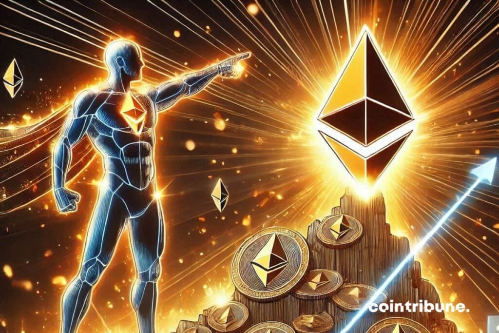 Una gigantesca montaña de cripto Ethereum iluminada por destellos de energía naranja. Una figura humana con atuendo futurista, señalando hacia la cima.