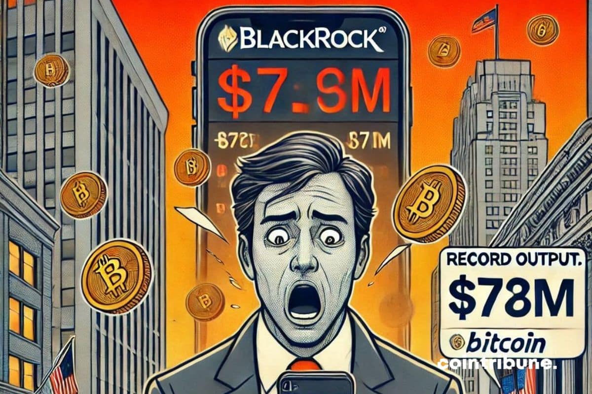An investor looking at his phone with an expression of fear and panic, a notification displaying $73M record exit with bitcoin coins in the air. In front of an image of a giant phone displaying BlackRock