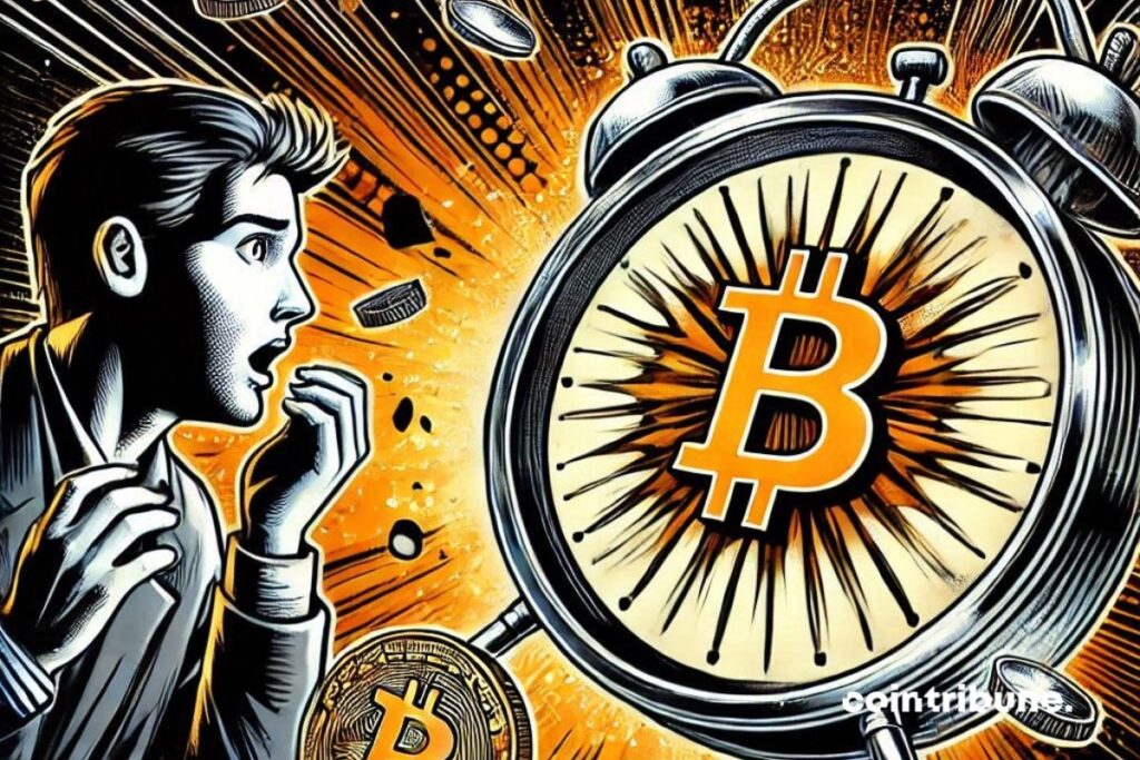 Un reloj de agujas con una moneda de bitcoin en el centro, las agujas señalando un final inminente, un comerciante sorprendido mirando el reloj.