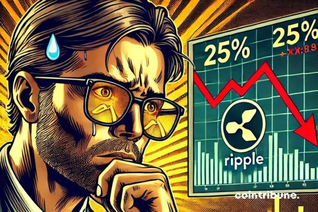 un cripto inversor mirando una pantalla que muestra una caída del 25% en Ripple (XRP).