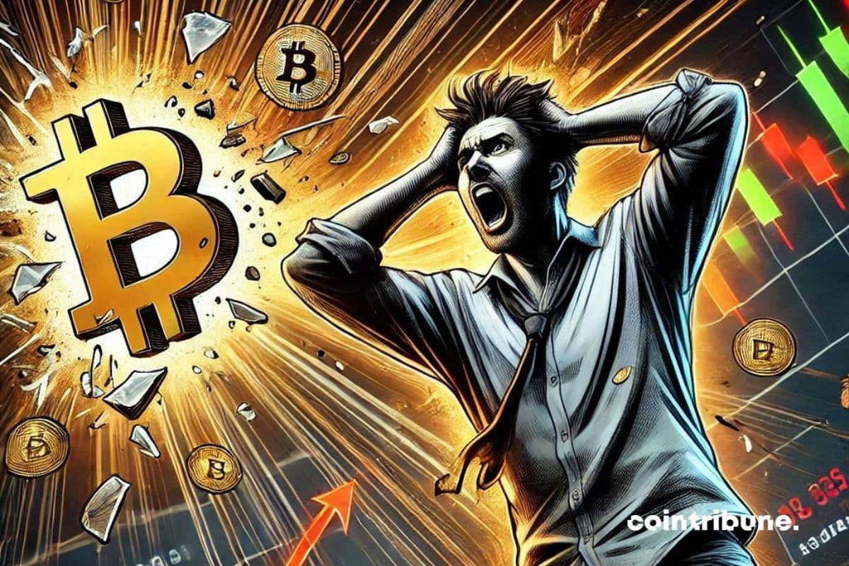 Un comerciante aterrorizado con una camisa arrugada tirándose del pelo, un símbolo de Bitcoin brillante y parcialmente roto.