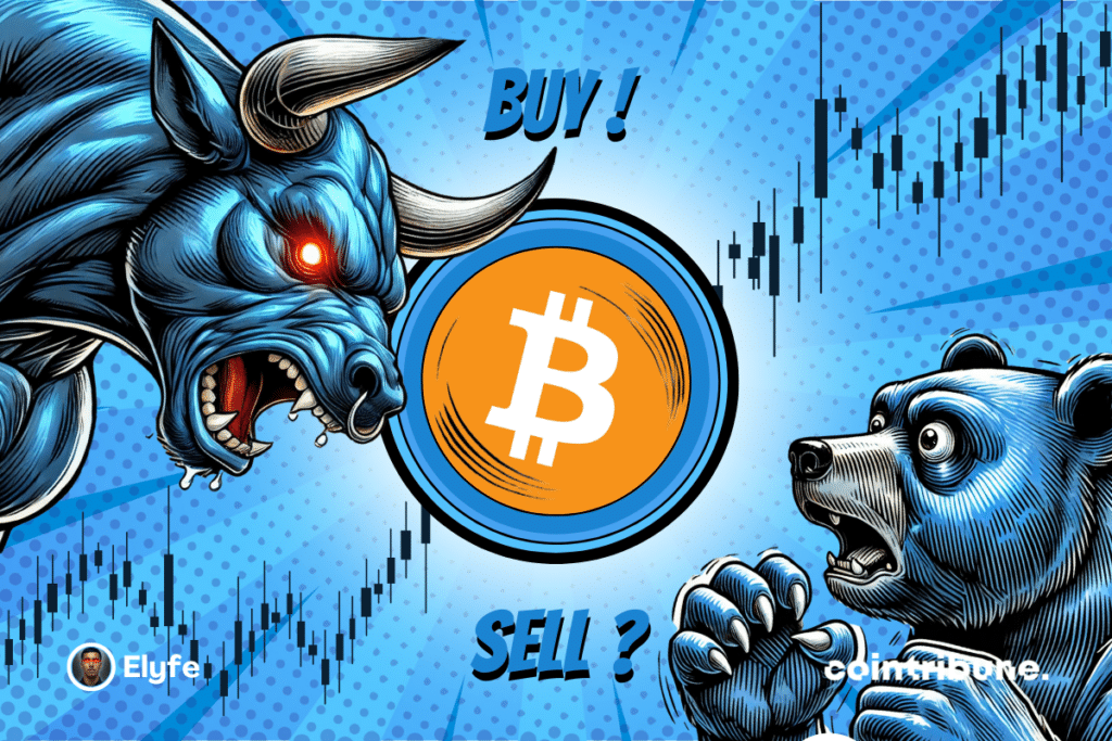 Logotipo de Bitcoin sobre un fondo azul con un oso y un toro azul con una mirada expresiva en un lado y un toro en el otro. En el fondo aparece un gráfico.
