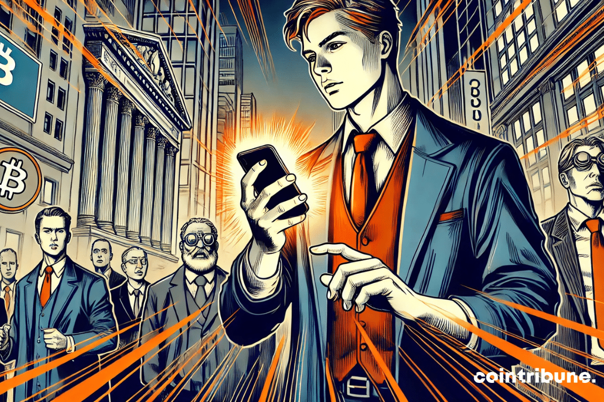 Un joven manipula su smartphone ante la mirada de los banqueros