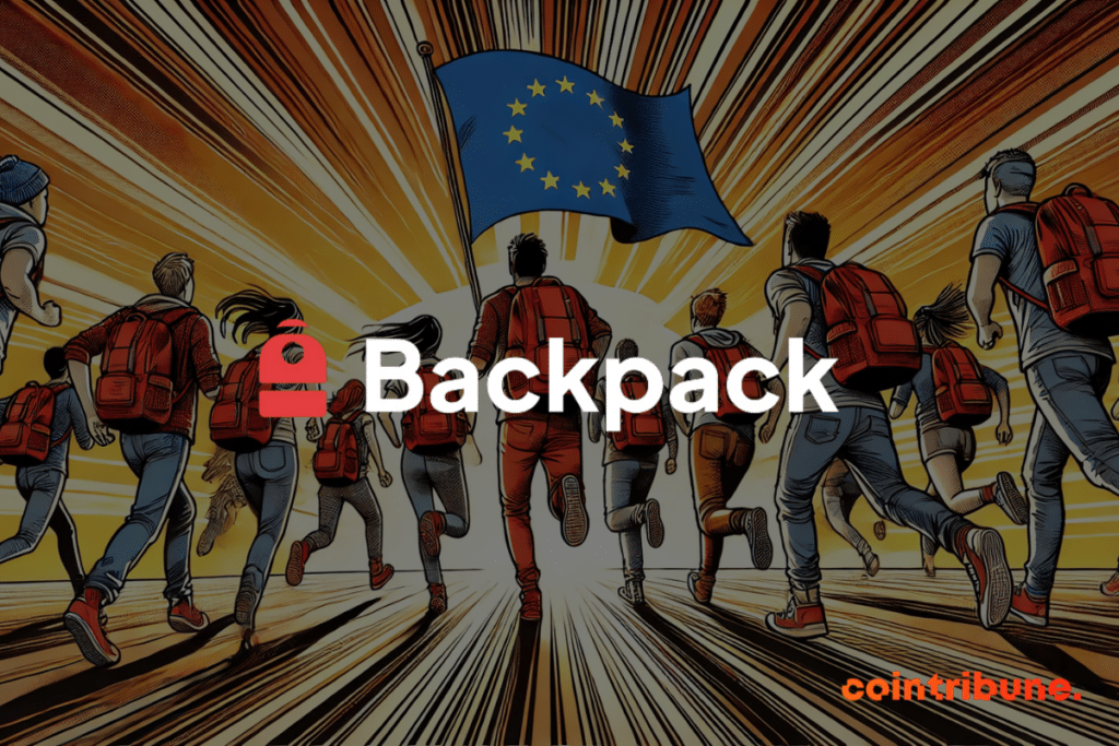 A group of people wearing red backpacks runs towards a waving European Union flag, symbolizing expansion and innovation in the crypto space. The "Backpack" logo is prominently displayed in the center of the image.