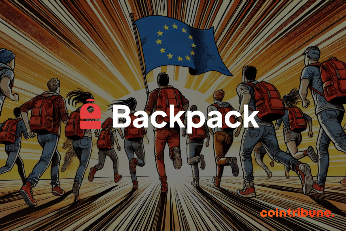 A group of people wearing red backpacks runs towards a waving European Union flag, symbolizing expansion and innovation in the crypto space. The "Backpack" logo is prominently displayed in the center of the image.