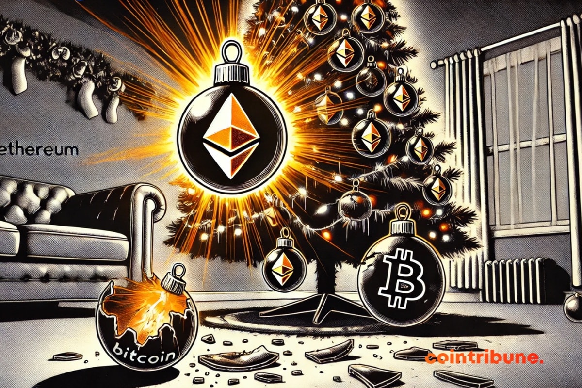 Un árbol de Navidad que representa el final de 2024, con bolas brillantes de ethereum y una bola oscura de bitcoin en el suelo.