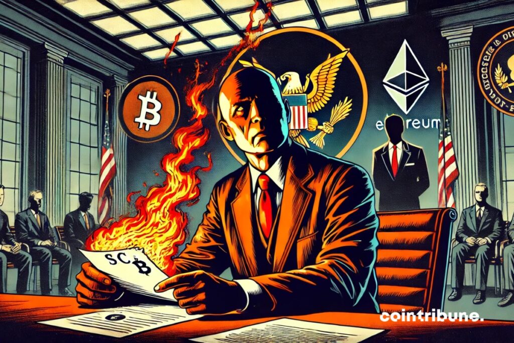 Gary Gensler en su despacho de la SEC con un documento cripto ardiendo