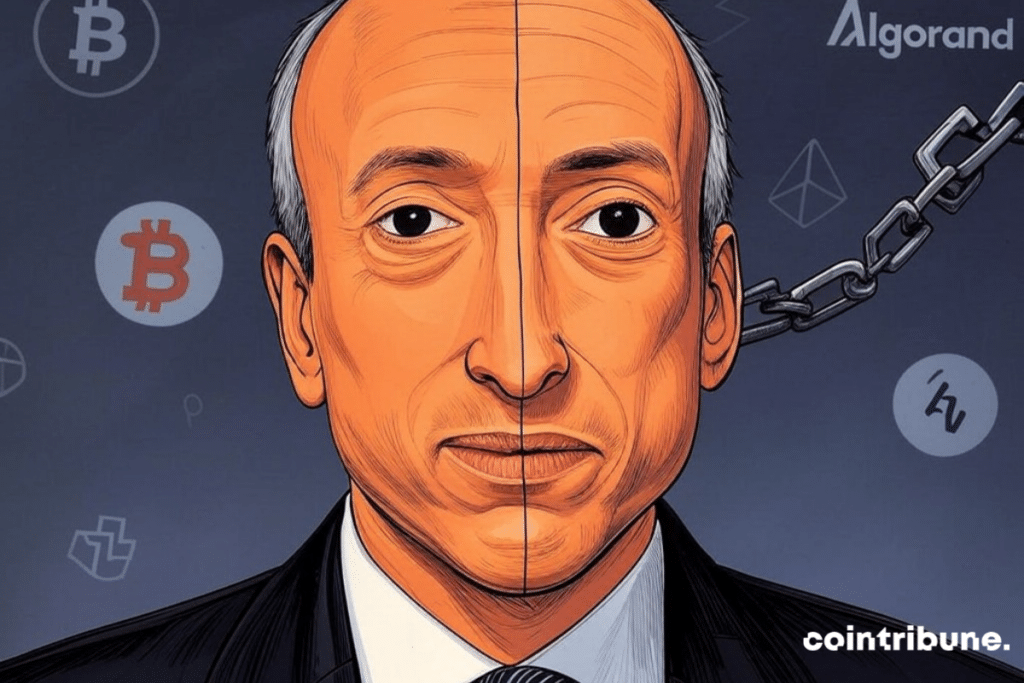 Gary Gensler portrait and crypto logos