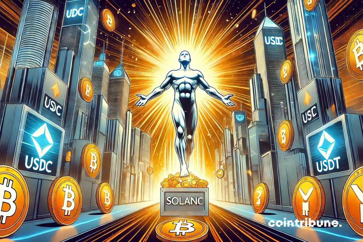 Una ciudad futurista que representa un cripto ecosistema, con un brillante humanoide que representa a Solana levantando un cofre rebosante de monedas.