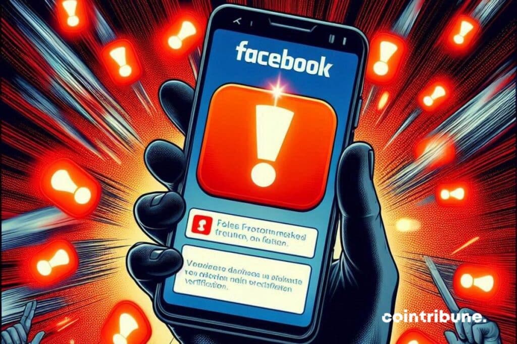 A phone displaying a red Facebook notification (Meta)